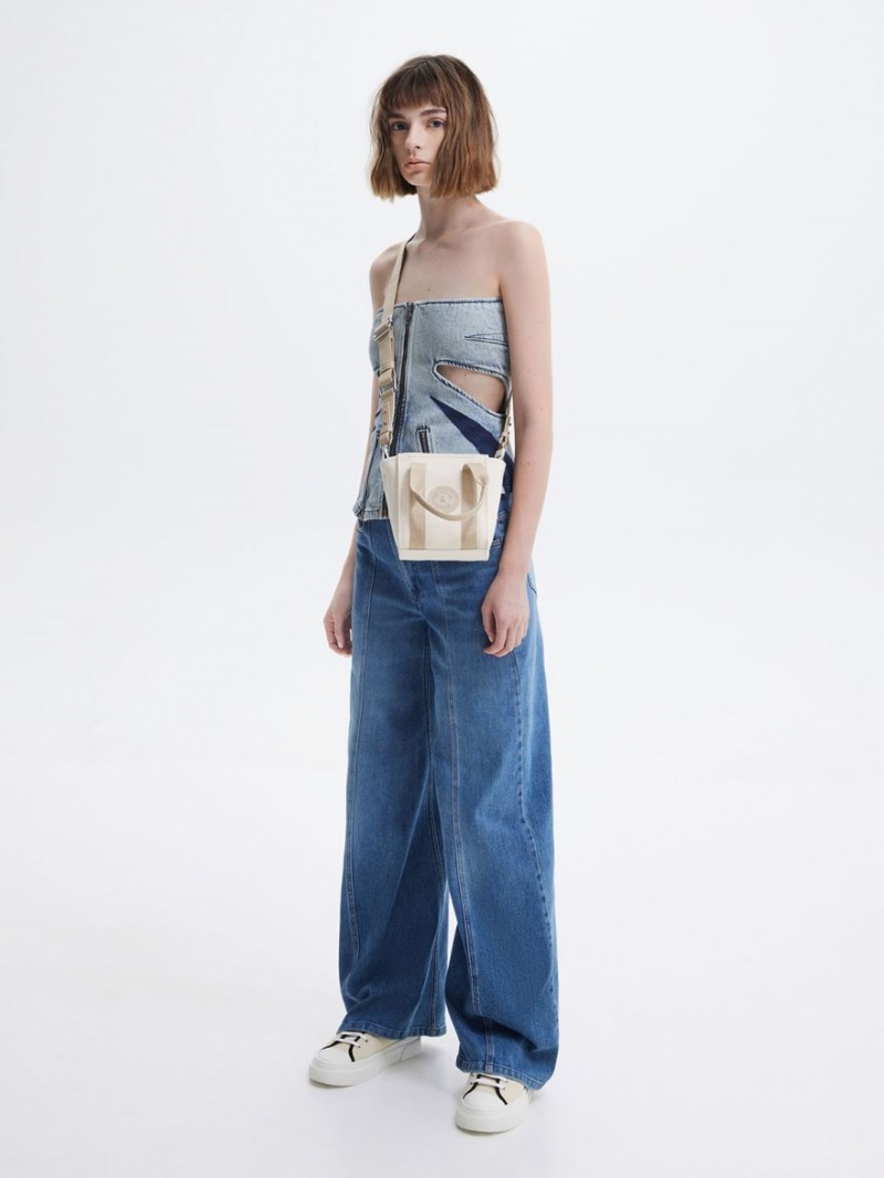 Geanta Tote Charles & Keith Mini Kay Panza Contrast-Trim Bej | 906WETGYM
