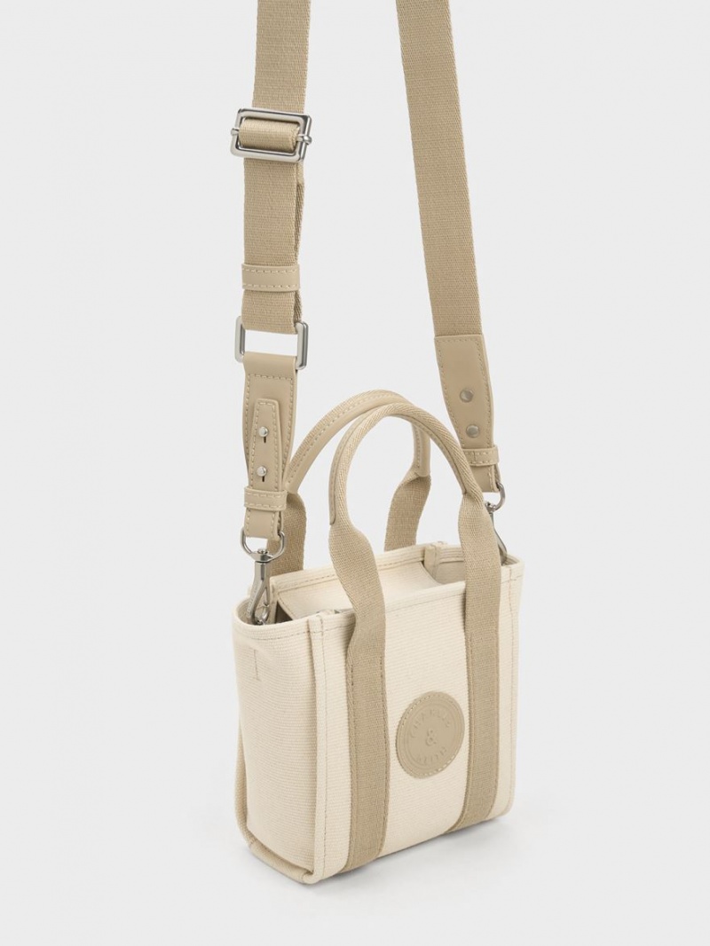 Geanta Tote Charles & Keith Mini Kay Panza Contrast-Trim Bej | 906WETGYM