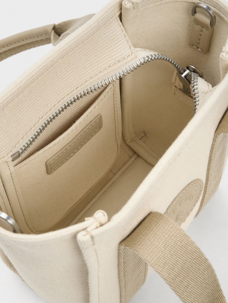 Geanta Tote Charles & Keith Mini Kay Panza Contrast-Trim Bej | 906WETGYM