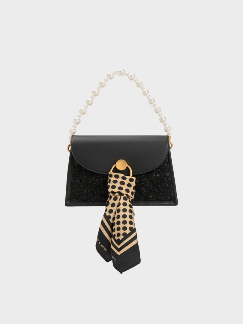 Geanta Tote Charles & Keith Mini Roza Beaded Handle Scarf Negrii | 038CEVWZT