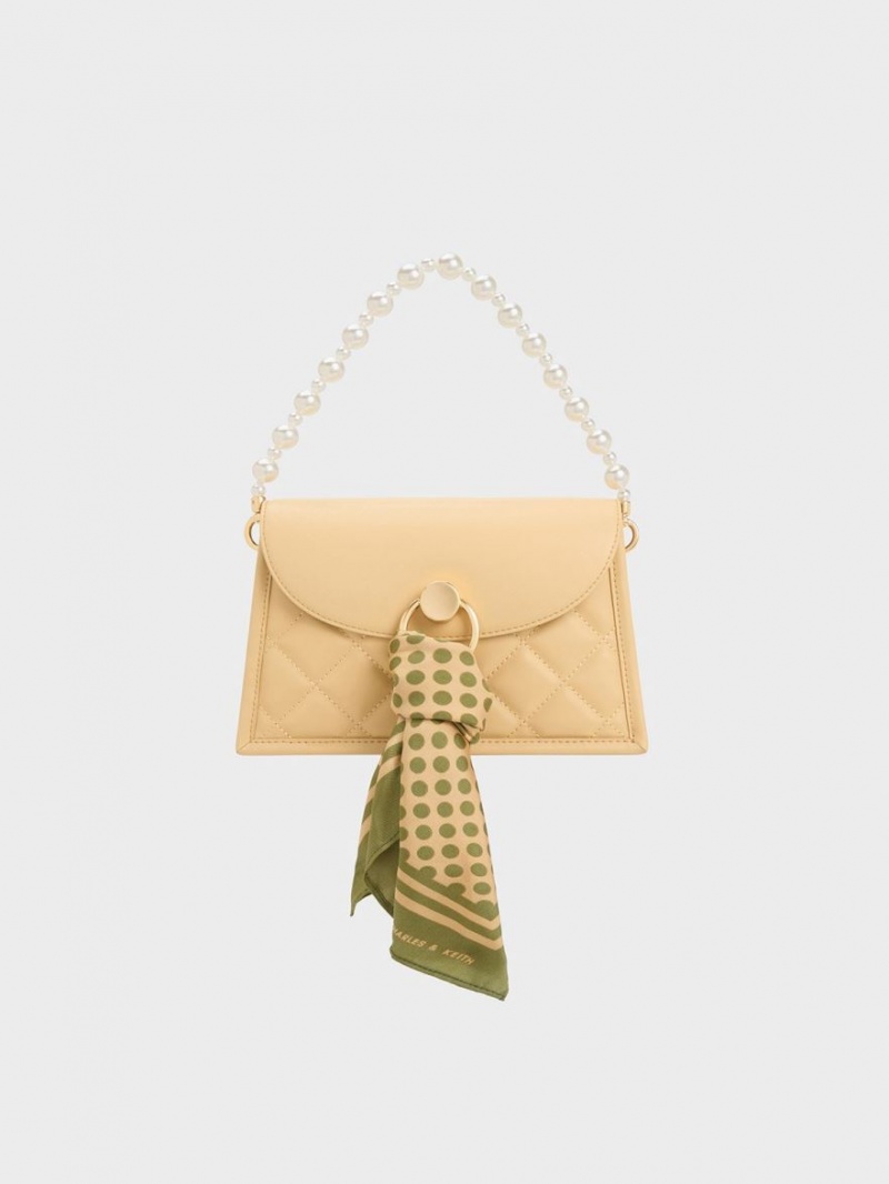 Geanta Tote Charles & Keith Mini Roza Beaded Handle Scarf Bej | 618CWETNX