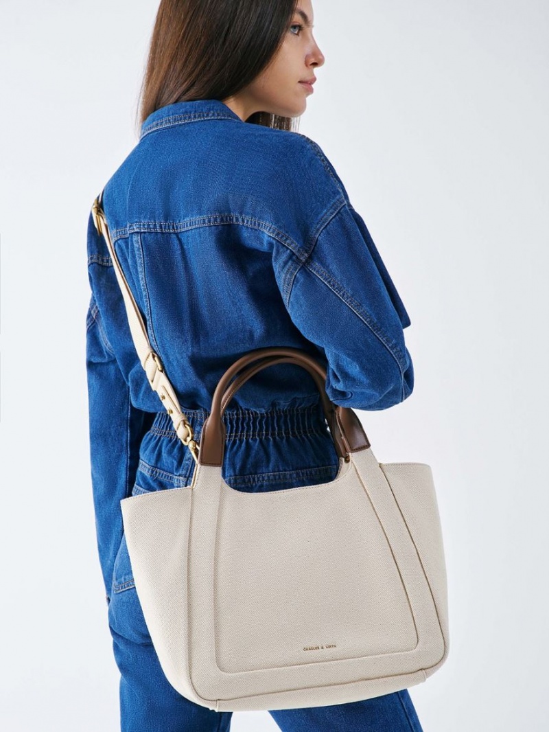 Geanta Tote Charles & Keith Nova Two-Tone Large Panza Albi | 682OCVFUT