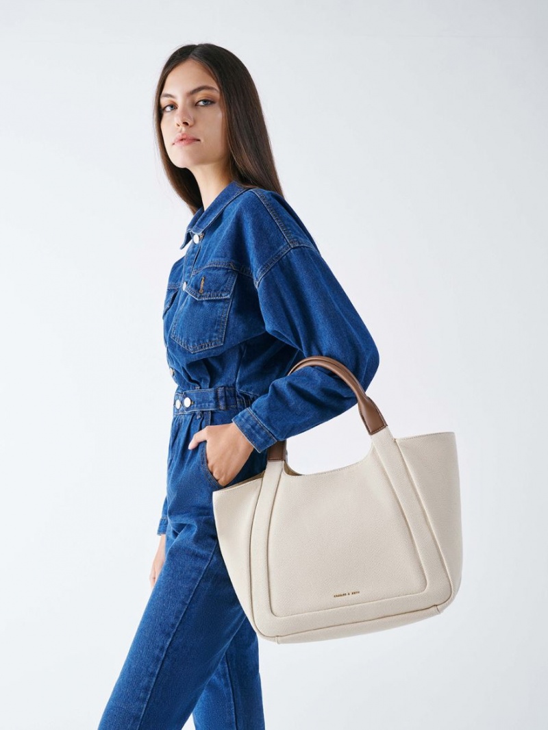 Geanta Tote Charles & Keith Nova Two-Tone Large Panza Albi | 682OCVFUT