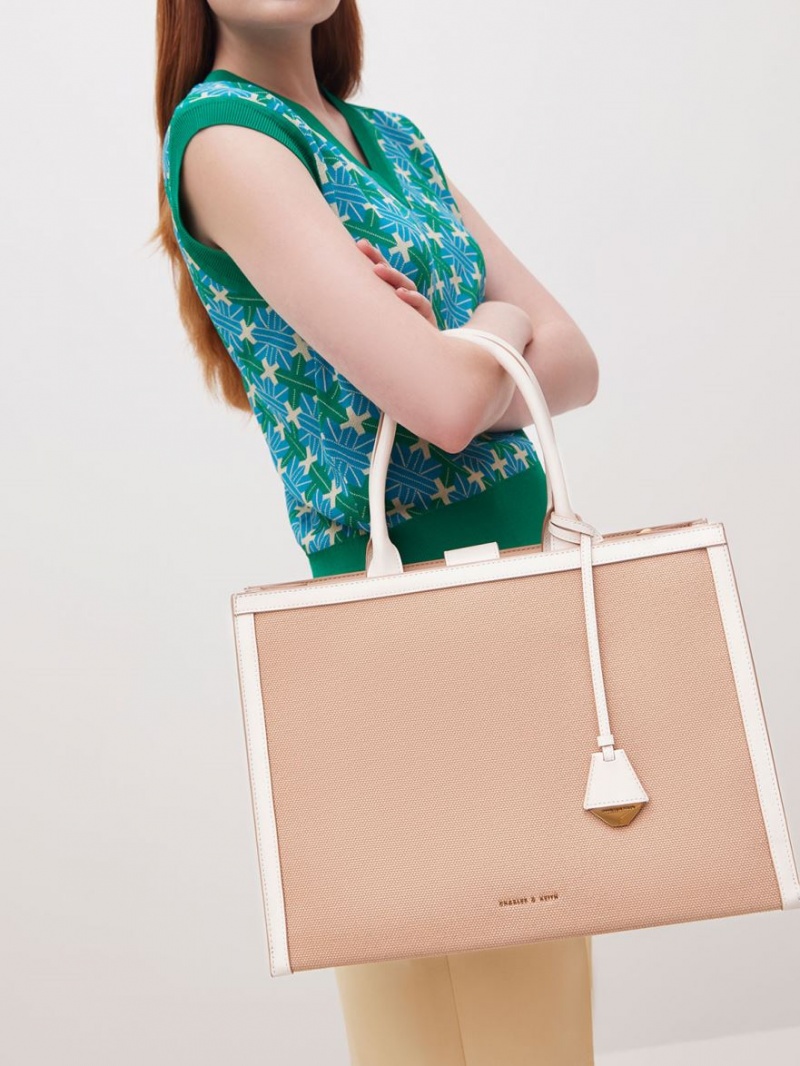 Geanta Tote Charles & Keith Panza Bej | 098VSUWGP