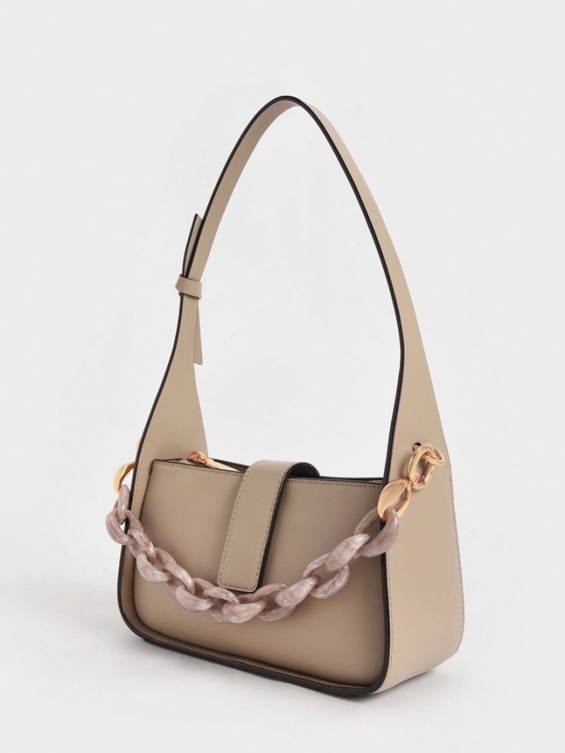 Geanta Tote Charles & Keith Piele Chain-Link Bej | 024WOJYGK