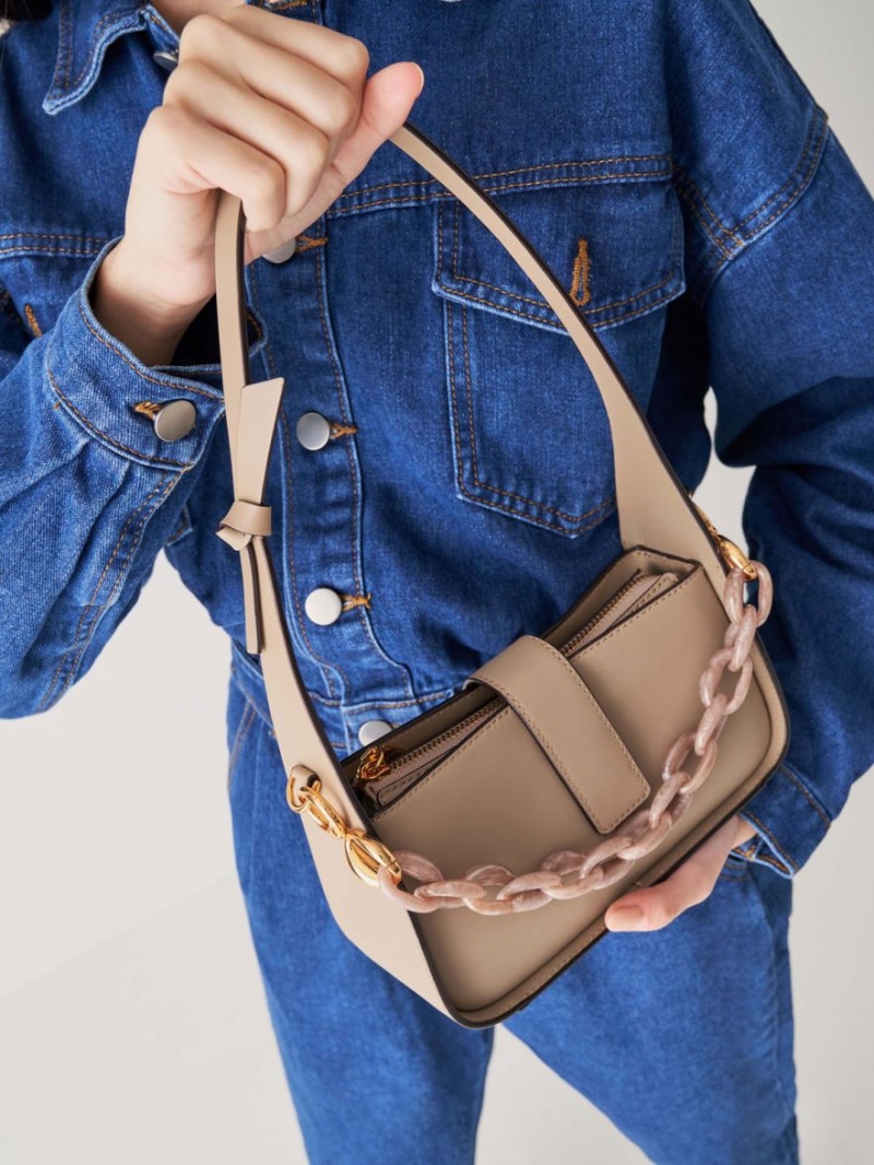 Geanta Tote Charles & Keith Piele Chain-Link Bej | 024WOJYGK
