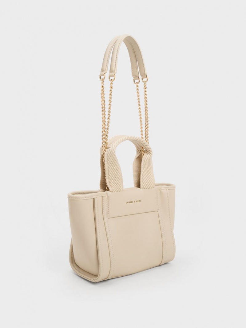 Geanta Tote Charles & Keith Shalia Chain-Handle Bej | 937OWMPDL