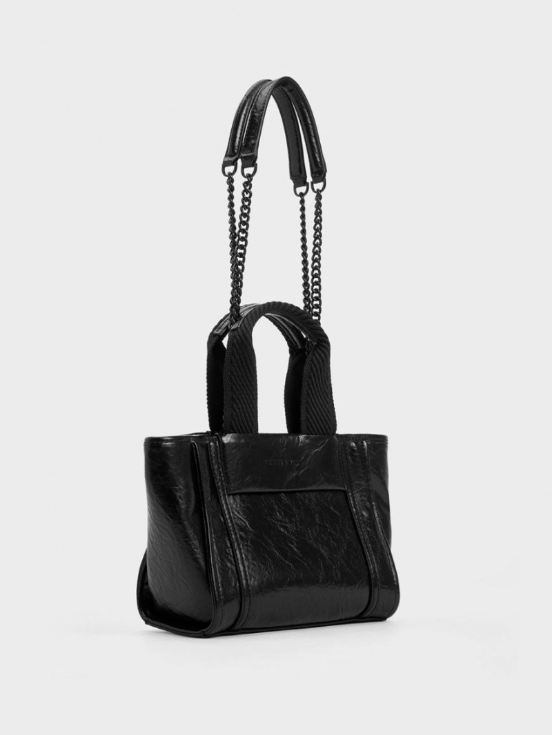 Geanta Tote Charles & Keith Shalia Crinkle-Effect Chain-Handle Negrii | 137GZJASD