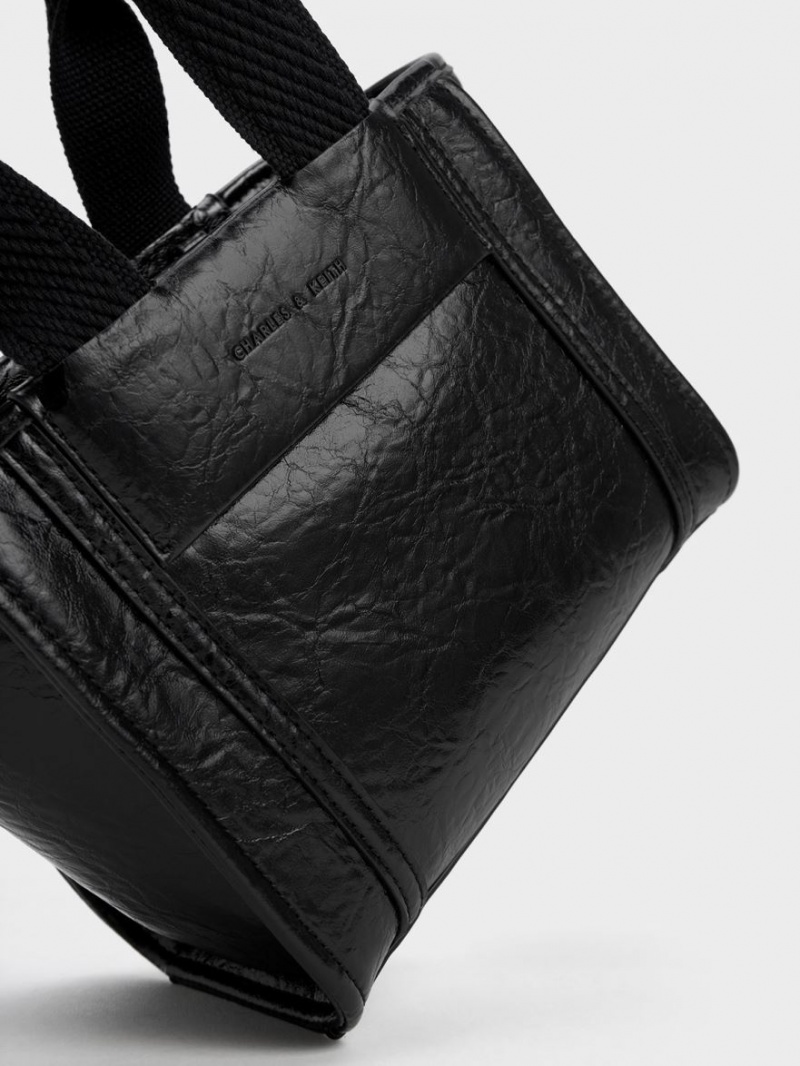 Geanta Tote Charles & Keith Shalia Crinkle-Effect Chain-Handle Negrii | 137GZJASD