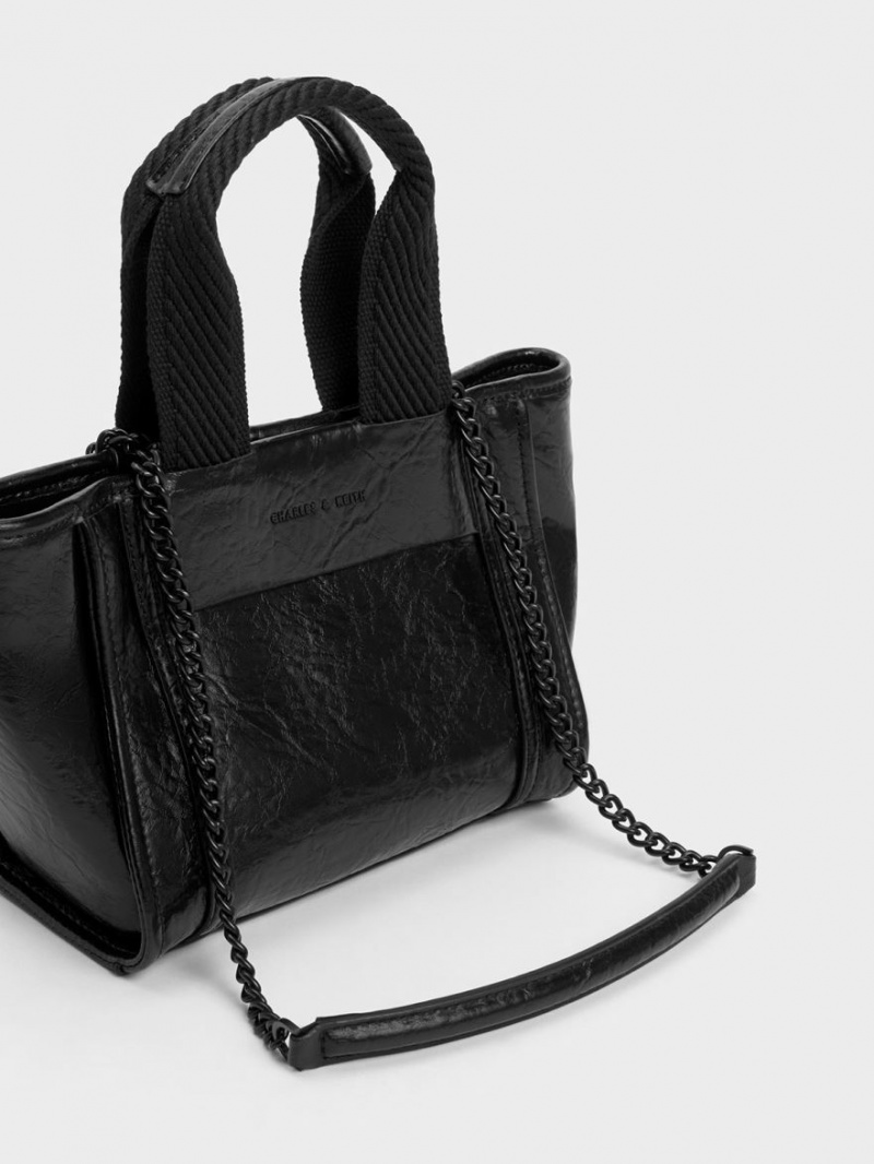 Geanta Tote Charles & Keith Shalia Crinkle-Effect Chain-Handle Negrii | 137GZJASD