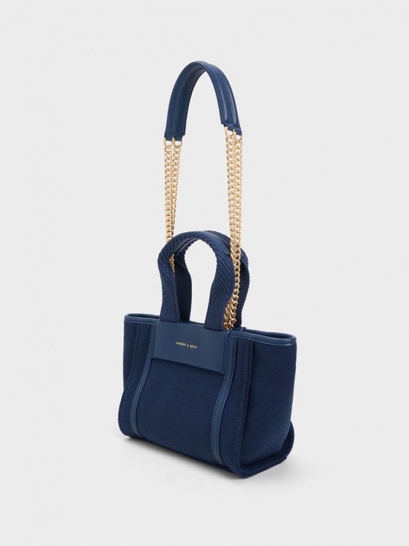 Geanta Tote Charles & Keith Shalia Textured Chain-Handle Bleumarin | 973AICOVT