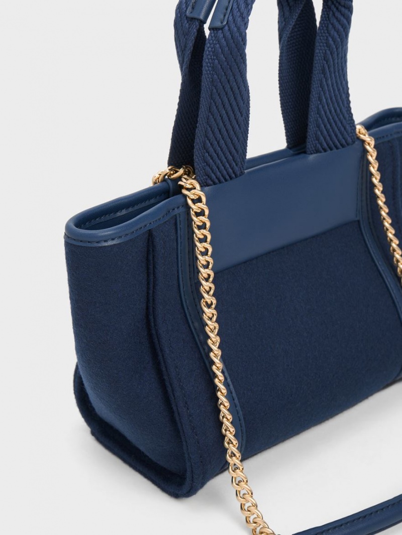 Geanta Tote Charles & Keith Shalia Textured Chain-Handle Bleumarin | 973AICOVT