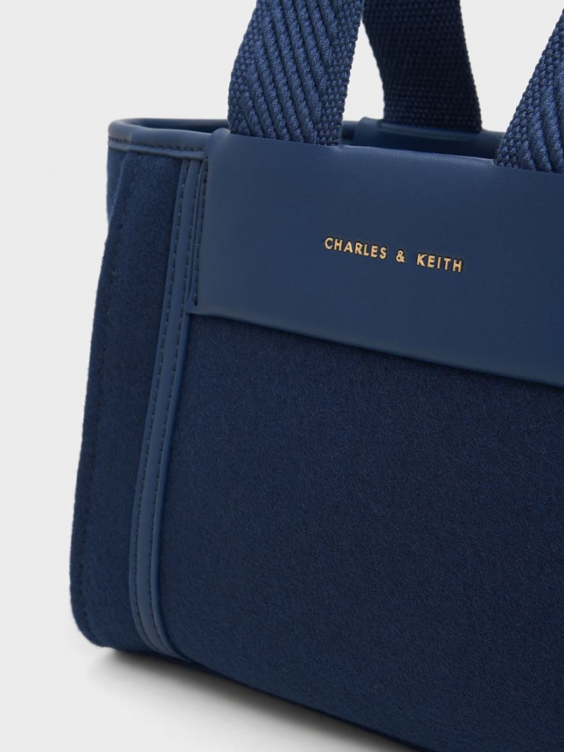 Geanta Tote Charles & Keith Shalia Textured Chain-Handle Bleumarin | 973AICOVT