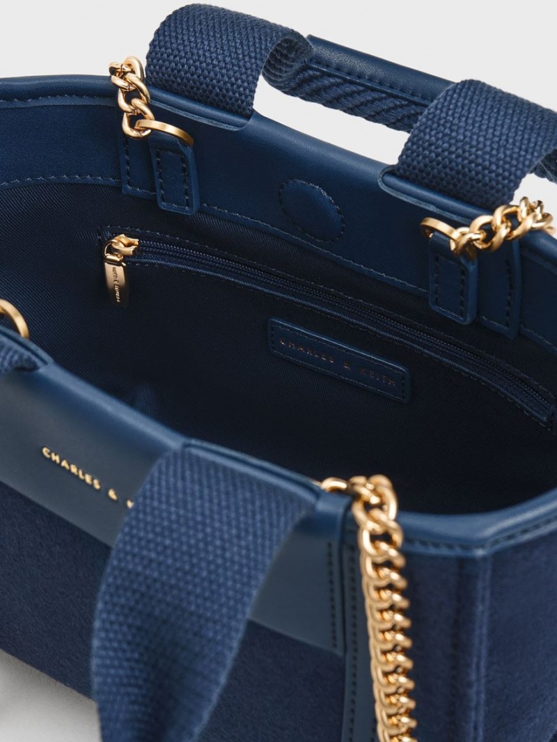 Geanta Tote Charles & Keith Shalia Textured Chain-Handle Bleumarin | 973AICOVT