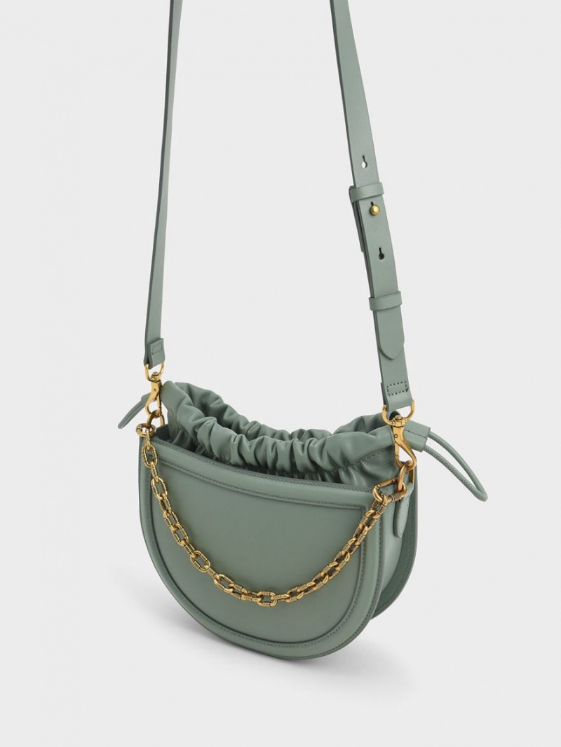 Geanta Tote Charles & Keith Solange Ruched Chain Handle Crescent Masline Verzi | 473ESIKAQ