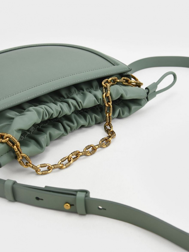 Geanta Tote Charles & Keith Solange Ruched Chain Handle Crescent Masline Verzi | 473ESIKAQ