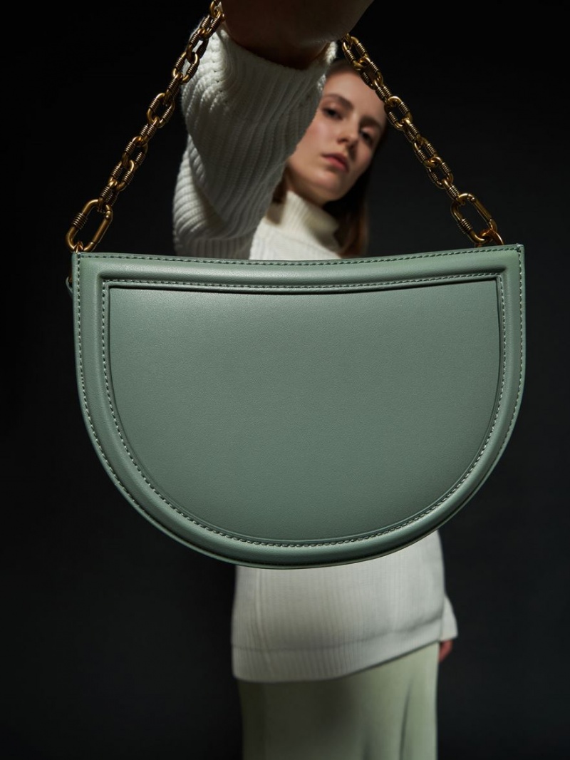 Geanta Tote Charles & Keith Solange Ruched Chain Handle Crescent Masline Verzi | 473ESIKAQ