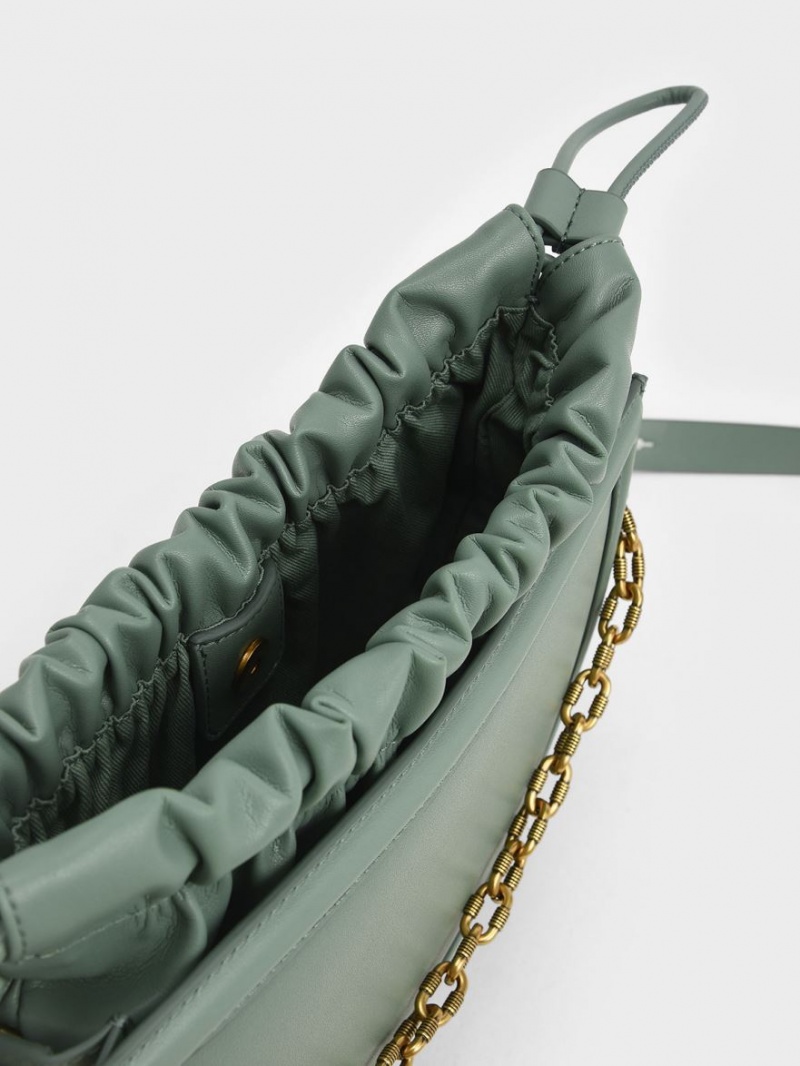 Geanta Tote Charles & Keith Solange Ruched Chain Handle Crescent Masline Verzi | 473ESIKAQ