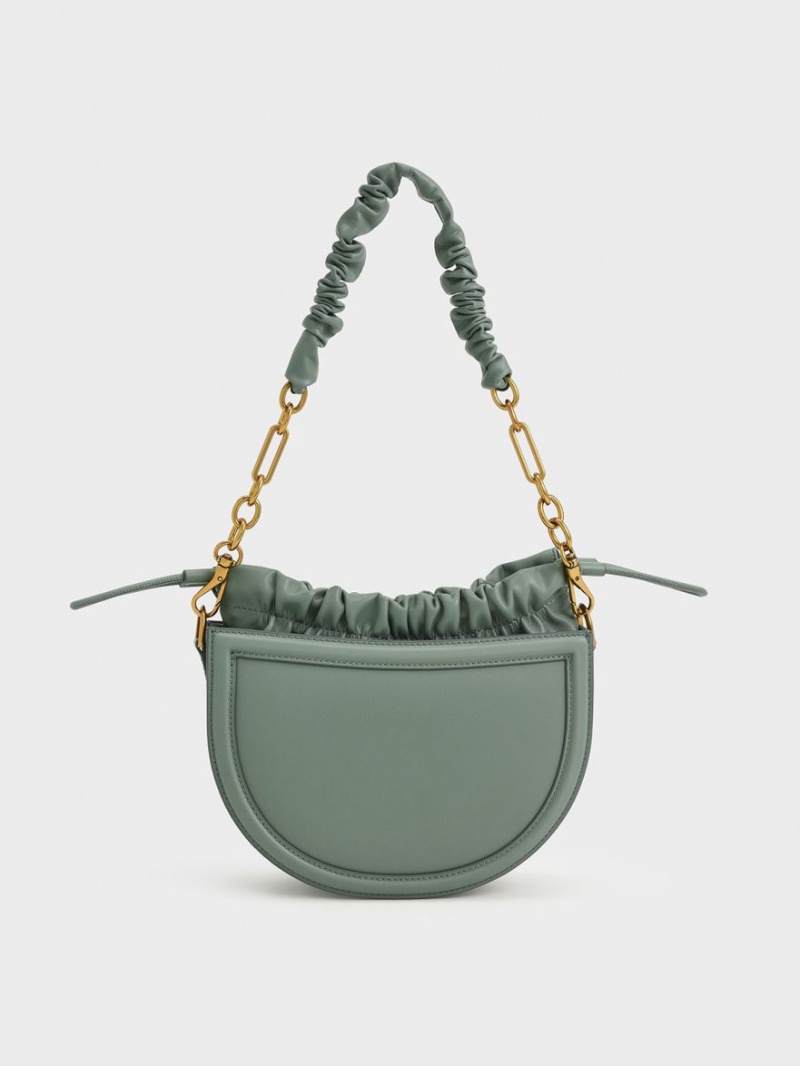 Geanta Tote Charles & Keith Solange Ruched Chain Handle Crescent Masline Verzi | 473ESIKAQ