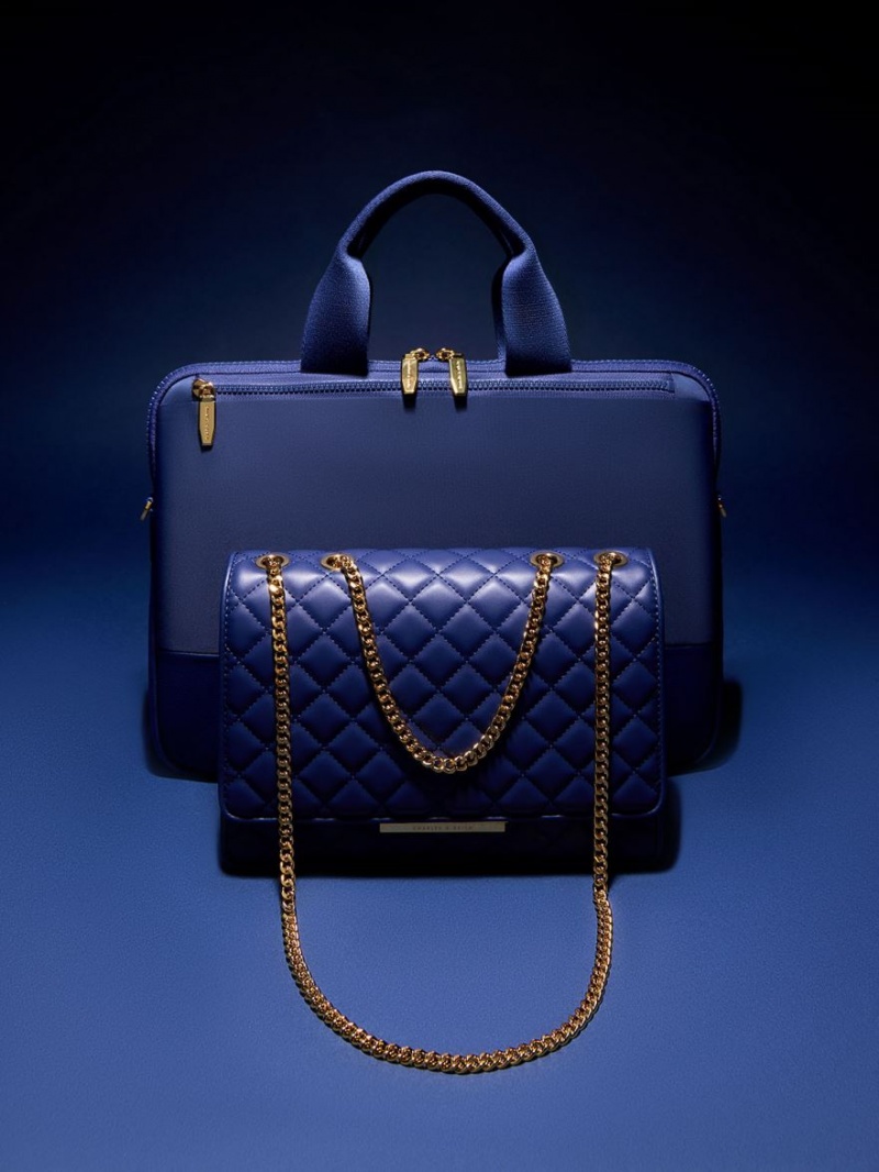 Geanta Tote Charles & Keith Textured Laptop Bleumarin | 026GHRVDC