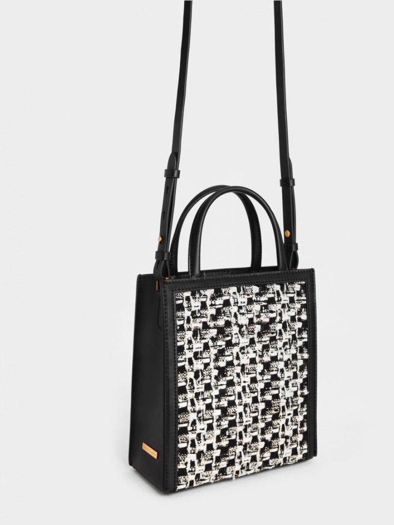 Geanta Tote Charles & Keith Tweed Double Handle Negrii | 078KTAYGE