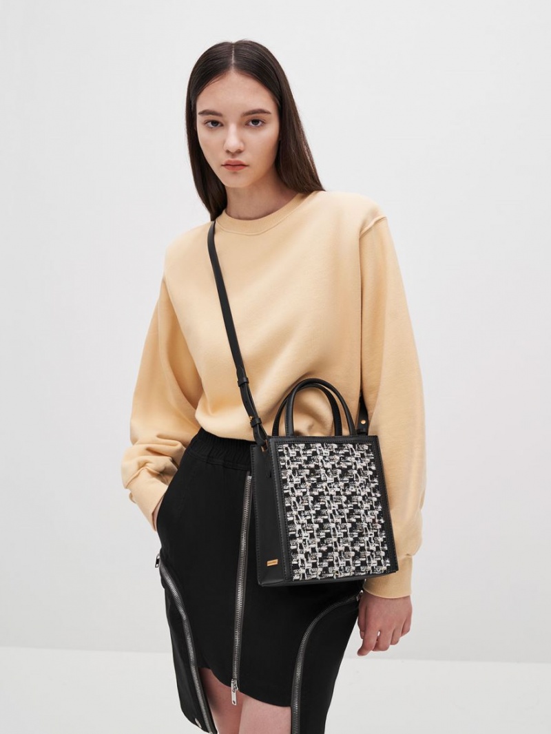 Geanta Tote Charles & Keith Tweed Double Handle Negrii | 078KTAYGE