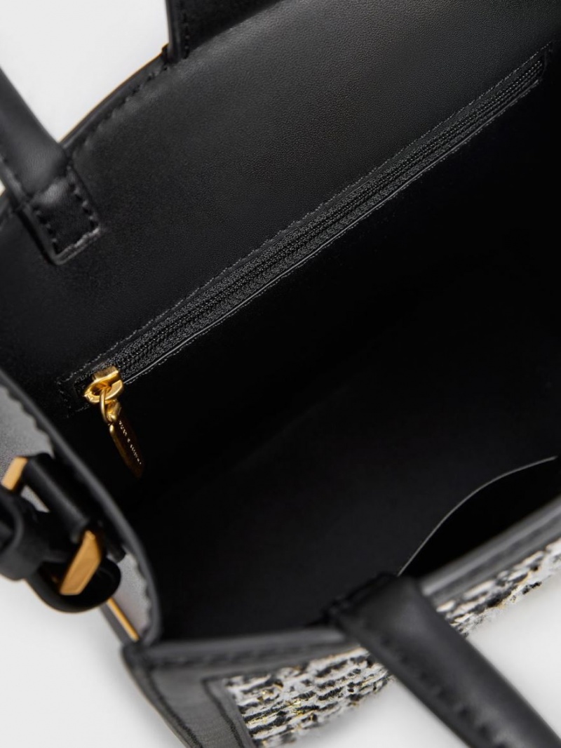Geanta Tote Charles & Keith Tweed Double Handle Negrii | 078KTAYGE