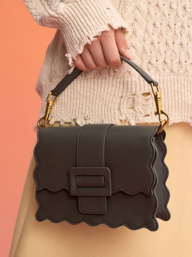Geanta Tote Charles & Keith Waverly Scallop-Trim Negrii | 692PNBKWV