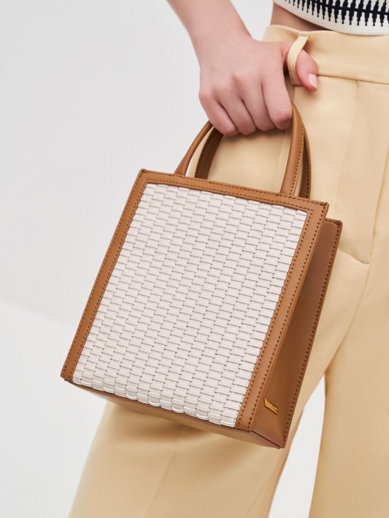 Geanta Tote Charles & Keith Woven Double Handle Ciocolata | 057DNJOZV