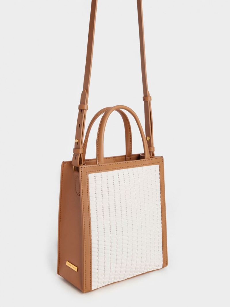 Geanta Tote Charles & Keith Woven Double Handle Ciocolata | 057DNJOZV