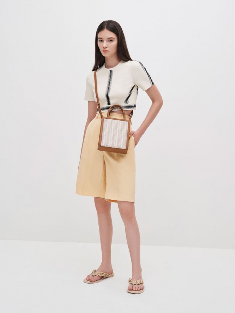 Geanta Tote Charles & Keith Woven Double Handle Ciocolata | 057DNJOZV