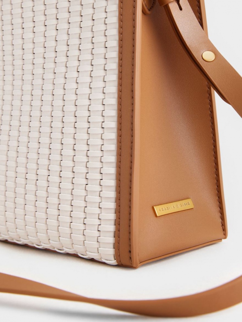 Geanta Tote Charles & Keith Woven Double Handle Ciocolata | 057DNJOZV