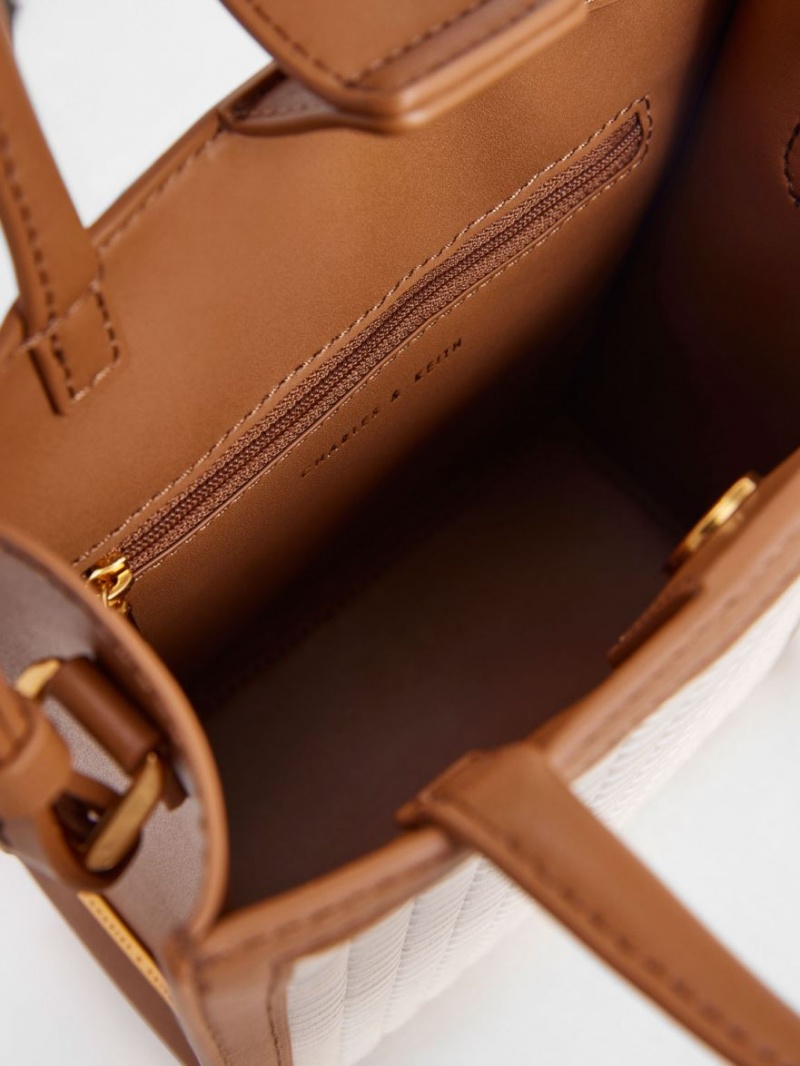 Geanta Tote Charles & Keith Woven Double Handle Ciocolata | 057DNJOZV