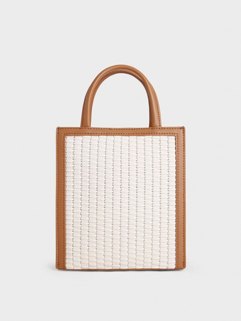 Geanta Tote Charles & Keith Woven Double Handle Ciocolata | 057DNJOZV
