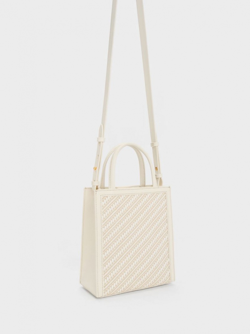Geanta Tote Charles & Keith Woven Double Handle Albi | 739RPGDZK