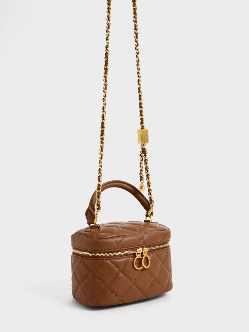 Genti Mini Charles & Keith Matlasat Two-Way Zip Ciocolata | 034ONUKXJ