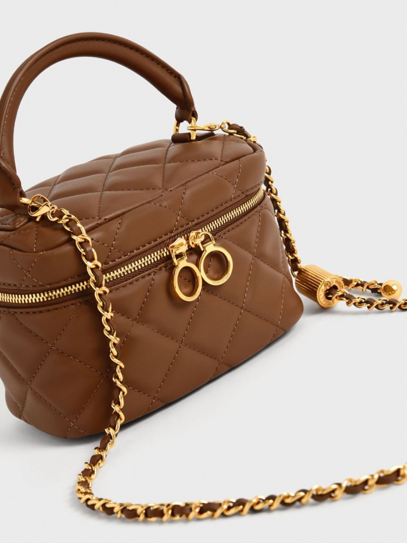 Genti Mini Charles & Keith Matlasat Two-Way Zip Ciocolata | 034ONUKXJ