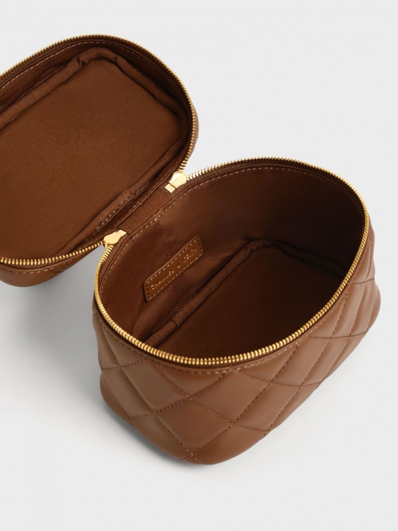 Genti Mini Charles & Keith Matlasat Two-Way Zip Ciocolata | 034ONUKXJ