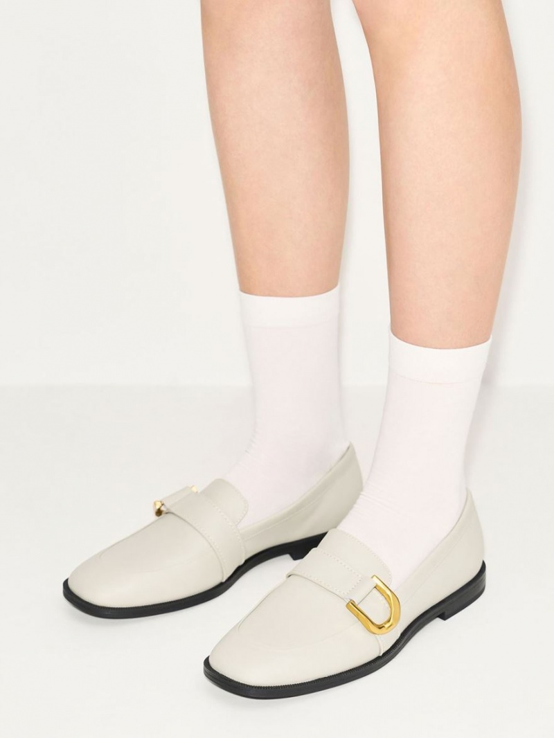 Mocasini Charles & Keith Gabine Buckled Piele​ Albi | 248KUQPJW