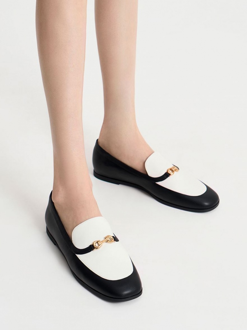 Mocasini Charles & Keith Metallic Accent Two-Tone Round-Bombeu Negrii Albi | 086EGTAIU