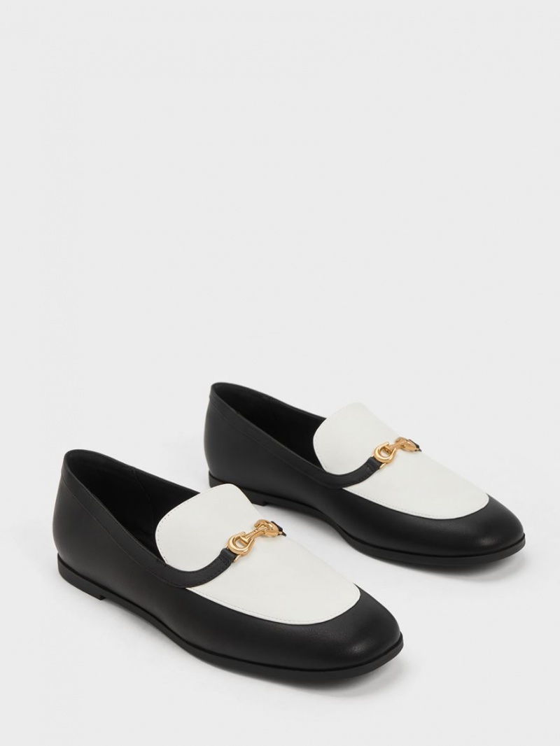 Mocasini Charles & Keith Metallic Accent Two-Tone Round-Bombeu Negrii Albi | 086EGTAIU