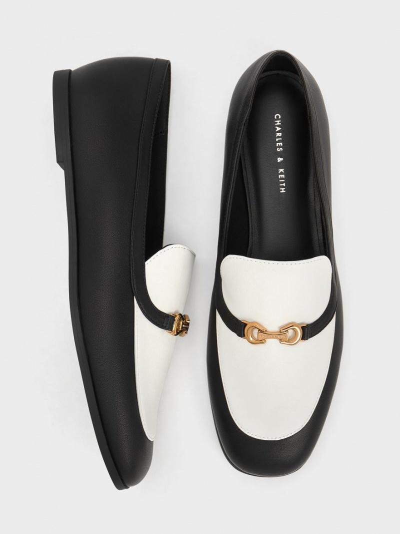 Mocasini Charles & Keith Metallic Accent Two-Tone Round-Bombeu Negrii Albi | 086EGTAIU