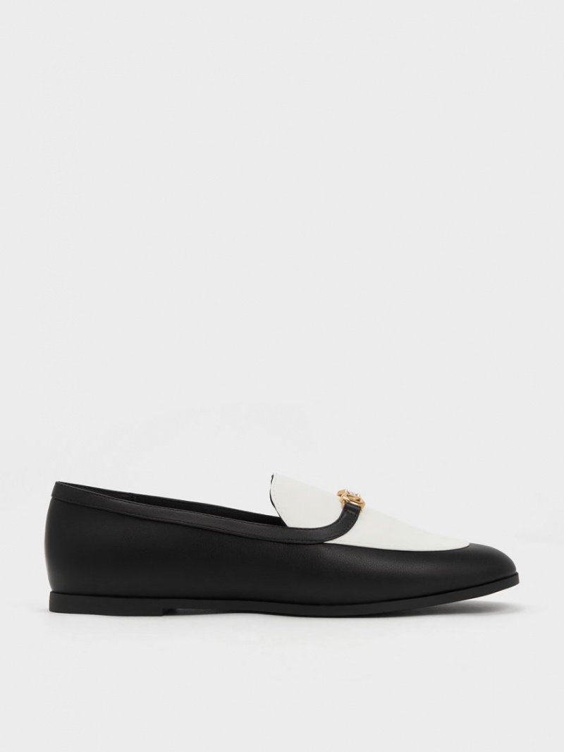 Mocasini Charles & Keith Metallic Accent Two-Tone Round-Bombeu Negrii Albi | 086EGTAIU