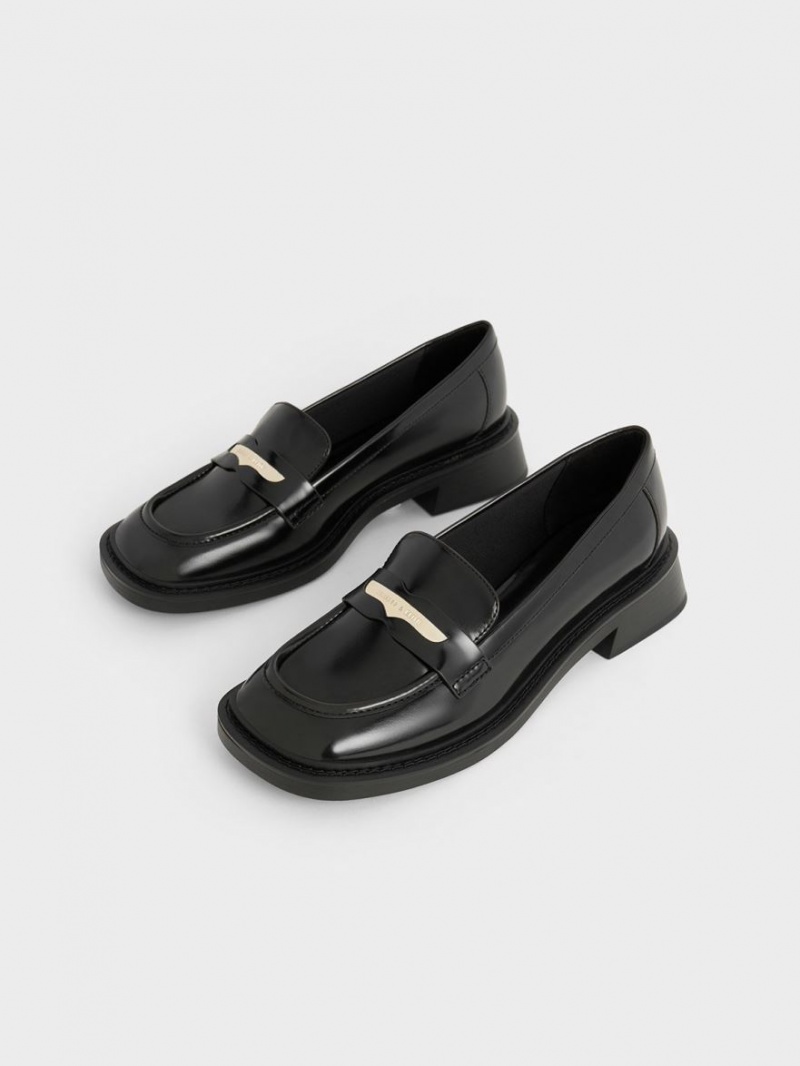 Mocasini Charles & Keith Metallic Penny Tab Negrii | 459HMVNTC