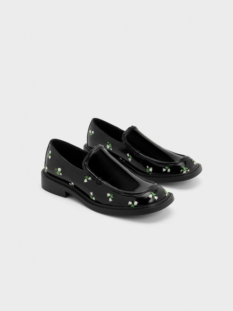 Mocasini Charles & Keith Rosalie Floral Piele Negrii | 279DIGTZH