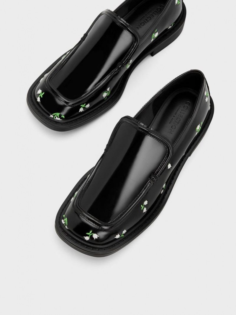 Mocasini Charles & Keith Rosalie Floral Piele Negrii | 279DIGTZH