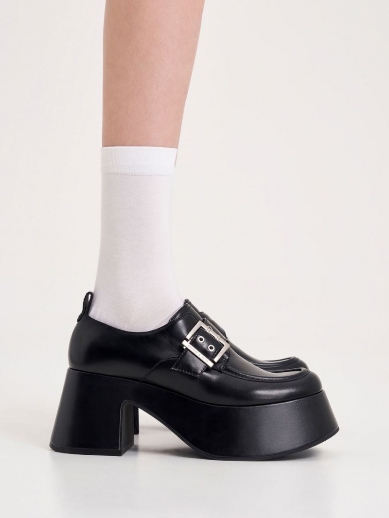 Mocasini Charles & Keith Rubina Buckled Grosolan Negrii | 624QMAHXC