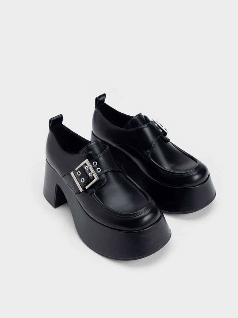 Mocasini Charles & Keith Rubina Buckled Grosolan Negrii | 624QMAHXC