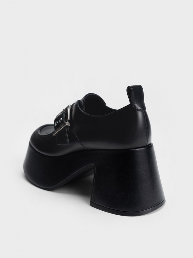 Mocasini Charles & Keith Rubina Buckled Grosolan Negrii | 624QMAHXC