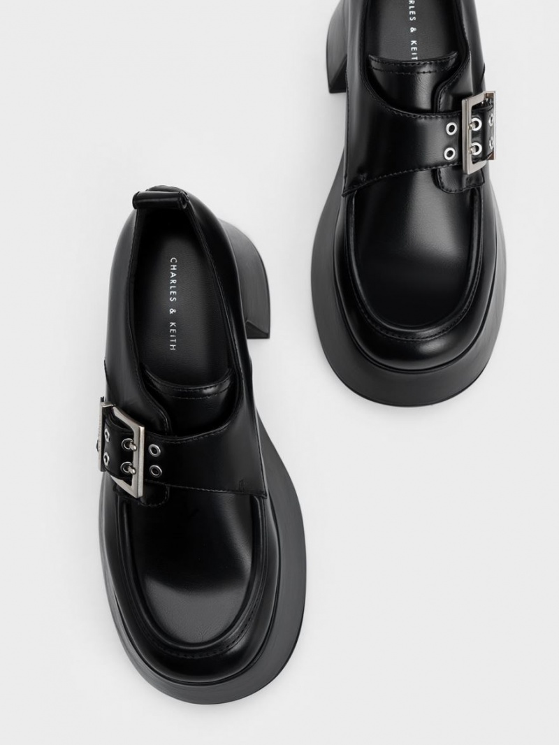 Mocasini Charles & Keith Rubina Buckled Grosolan Negrii | 624QMAHXC